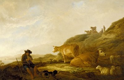 Sitzender Hirte mit Kühen und Schafen auf einer Wiese, 1644 (Öl auf Eichenholztafel) von Aelbert Cuyp